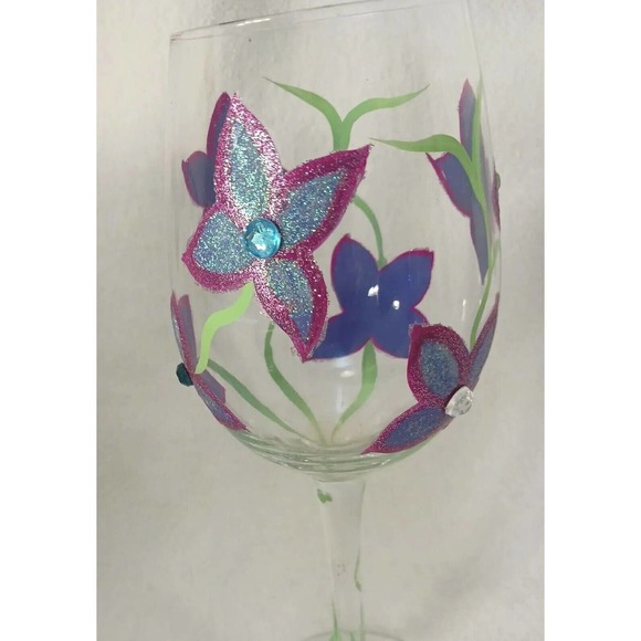2 Saints HAND PAINTED 9" WINE GLASS Sparkle Violets Flowers w Bling Diamonds - Picture 5 of 16
